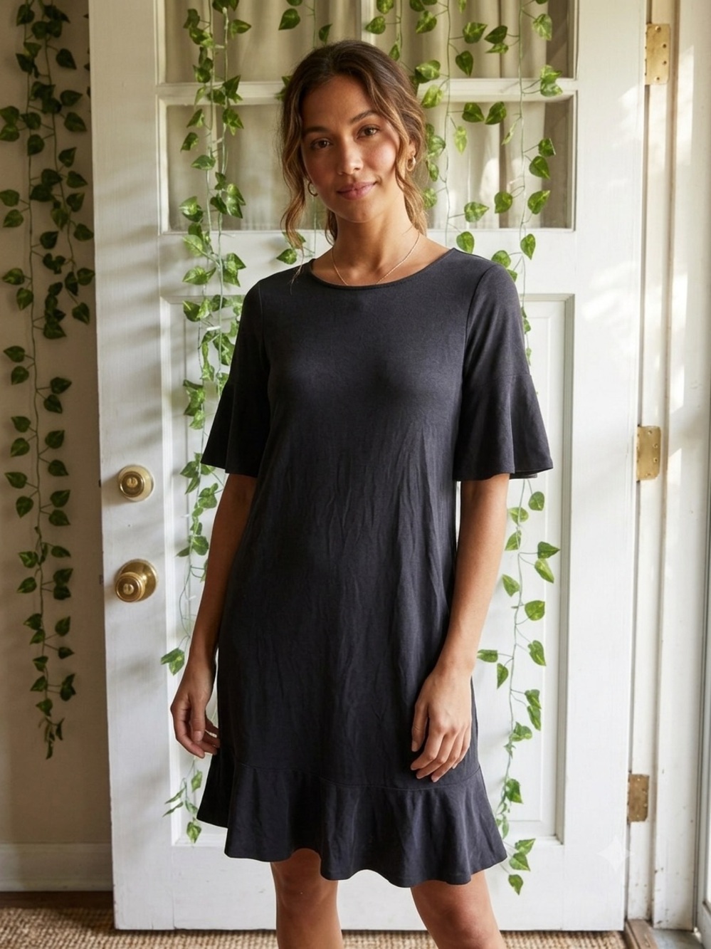 Anthropologie Black Ruffle-Hem Short Sleeve Dress - Picture 1 of 4